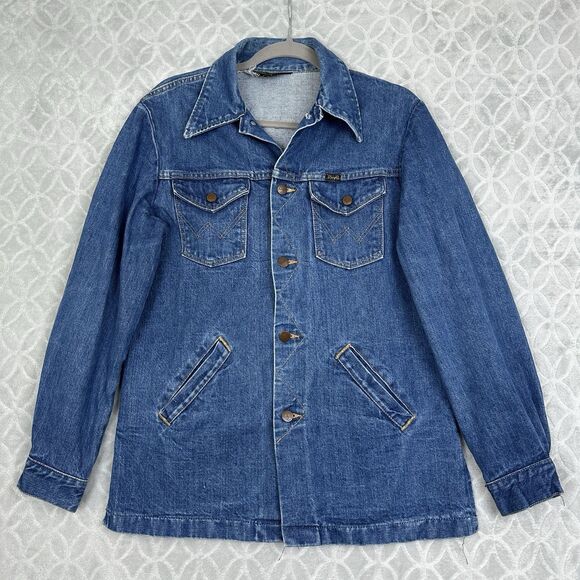 Vtg 70s Wrangler Jean Jacket Mens 40L? Denim Made in USA Trucker Country Western - Picture 1 of 14